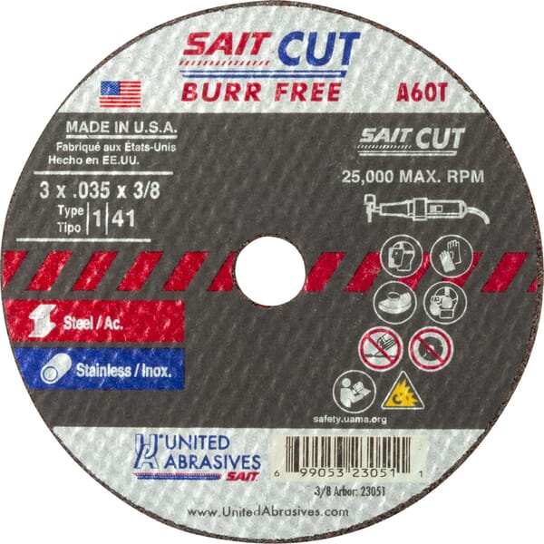 United Abrasives-SAIT 23066 Thin High Speed Cut-Off Wheel, 4 in Dia x 1/16 in THK, 3/8 in Center Hole, A60T Grit, Aluminum Oxide Abrasive