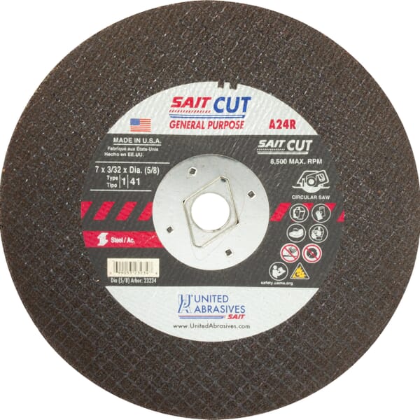 United Abrasives-SAIT 23100 Type 1 Burr Free Portable Saw Cut-Off Wheel, 4-1/2 in Dia x 3/32 in THK, 7/8 in Center Hole, A24R Grit, Aluminum Oxide Abrasive