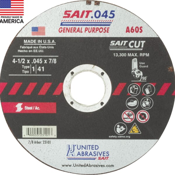 United Abrasives-SAIT 23101 Thin High Speed Cut-Off Wheel, 4-1/2 in Dia x 0.045 in THK, 7/8 in Center Hole, A60S Grit, Aluminum Oxide Abrasive
