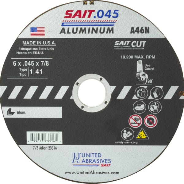 United Abrasives-SAIT 23314 Thin High Speed Cut-Off Wheel, 4-1/2 in Dia x 0.045 in THK, 7/8 in Center Hole, A46N Grit, Aluminum Oxide Abrasive