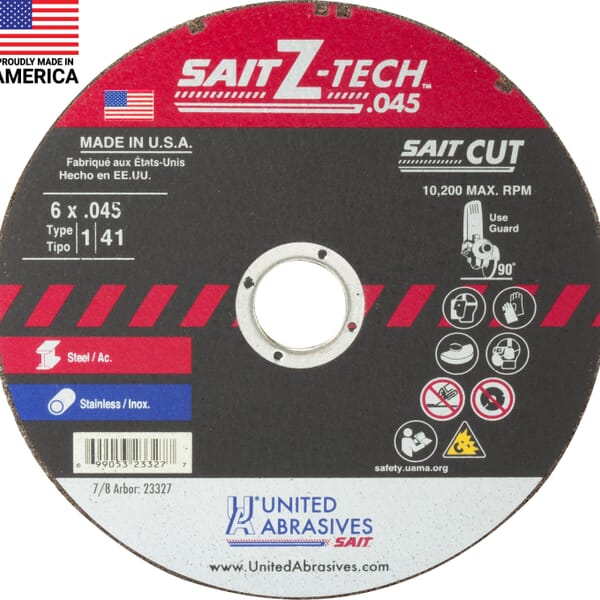 United Abrasives-SAIT SaitZ-Tech 23327 High Performance Thin High Speed Cut-Off Wheel, 6 in Dia x 0.045 in THK, 7/8 in Center Hole, 36 Grit, Zirconia Alumina Abrasive