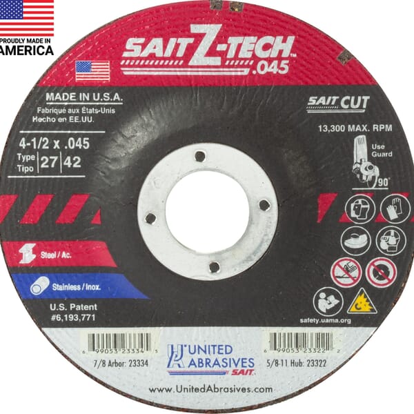 United Abrasives-SAIT Sait Z-Tech 23334 High Performance Depressed Center Wheel, 4-1/2 in Dia x 0.045 in THK, 7/8 in Center Hole, 36 Grit, Zirconia Abrasive