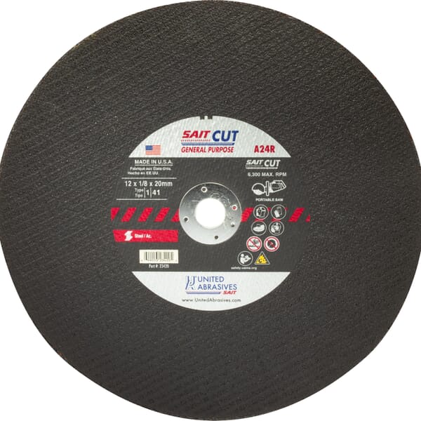 United Abrasives-SAIT 23410 Type 1 Burr Free Portable Saw Cut-Off Wheel, 12 in Dia x 1/8 in THK, 1 in Center Hole, A24R Grit, Aluminum Oxide Abrasive
