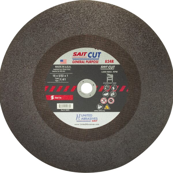 United Abrasives-SAIT 24090 Type 1 Burr Free Stationary Saw Cut-Off Wheel, 20 in Dia x 3/16 in THK, 1 in Center Hole, A24R Grit, Aluminum Oxide Abrasive