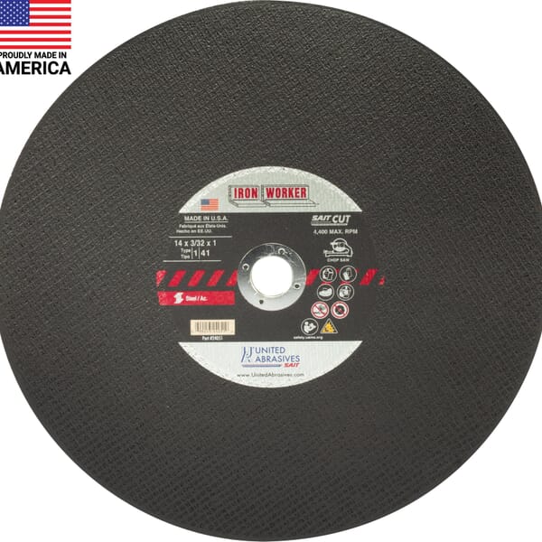 United Abrasives-SAIT Iron Worker 24051 Type 1 Fast Cut Straight Cut-Off Wheel, 14 in Dia x 3/32 in THK, 1 in Center Hole, 36 Grit, Aluminum Oxide Abrasive