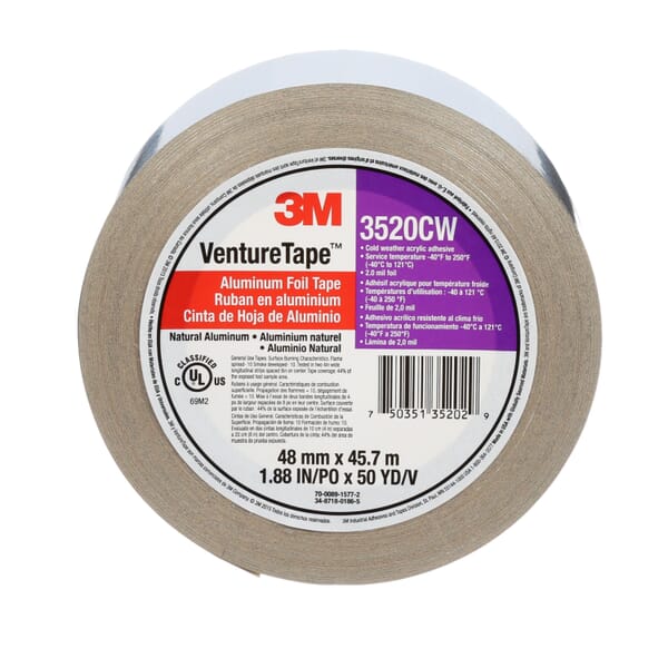 Venture Tape 7100043755 3520CW Foil Tape, 50 yd L 1.88 in W, 3.5 mil THK, Acrylic Adhesive, Aluminum Foil Backing, Silver