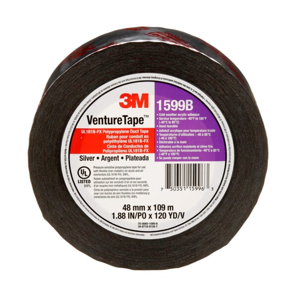 Venture Tape 7100043760 1599B Tape, 119.96 yd L 1.88 in W, 3 mil THK, Acrylic Adhesive, Polypropylene Backing, Silver