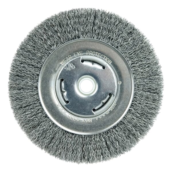 Vortec Pro 06645 OW-6 Wide Face Wheel Brush, 6 in Dia Brush, 7/8 in W Face, 0.014 in Dia Filament/Wire Crimped Filament/Wire, 1/2 to 5/8 in Arbor Hole