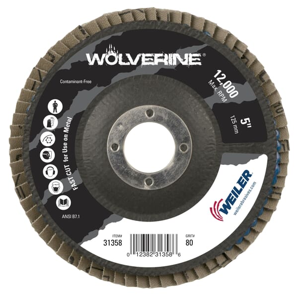 Vortec Pro Wolverine 31358 Fast Cut Coated Abrasive Flap Disc, 5 in Dia Disc, 7/8 in Center Hole, 80 Grit, Medium Grade, Zirconia Alumina Abrasive, Type 29/Angled Disc