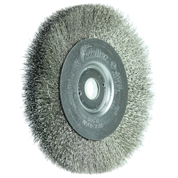 Weiler 00124 TLN-4 Narrow Face Wheel Brush, 4 in Dia Brush, 1/2 in W Face, 0.0095 in Dia Filament/Wire Crimped Filament/Wire, 3/8 to 1/2 in Arbor Hole