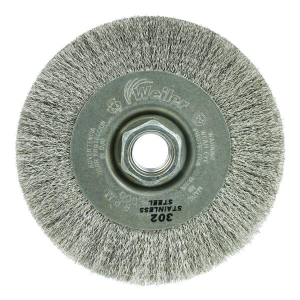 Weiler 00156 TLNA-4 Narrow Face Wheel Brush, 4 in Dia Brush, 1/2 in W Face, 0.006 in Dia Filament/Wire Crimped Filament/Wire, 5/8-11 Arbor Hole