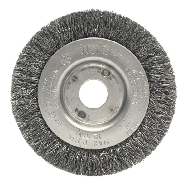 Weiler 00214 TLN-3 Narrow Face Wheel Brush, 3 in Dia Brush, 7/16 in W Face, 0.008 in Dia Filament/Wire Crimped Filament/Wire, 3/8 to 1/2 in Arbor Hole