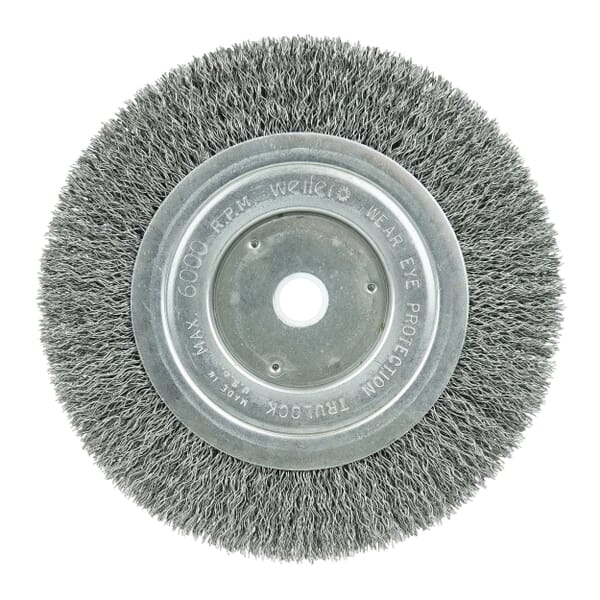 Weiler 01125 TLNS-6 Narrow Face Wheel Brush, 6 in Dia Brush, 1/2 in W Face, 0.014 in Dia Filament/Wire Crimped Filament/Wire, 1/2 to 5/8 in Arbor Hole