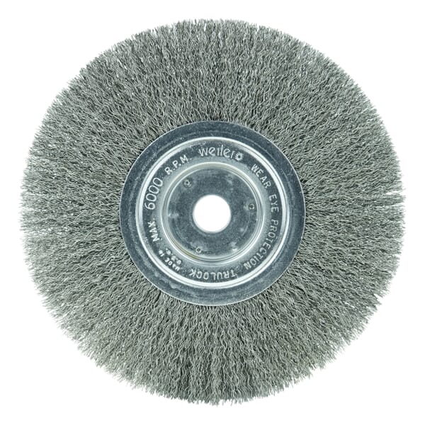 Weiler 01158 TLN-8 Narrow Face Wheel Brush, 8 in Dia Brush, 3/4 in W Face, 0.0104 in Dia Filament/Wire Crimped Filament/Wire, 3/4 in Arbor Hole