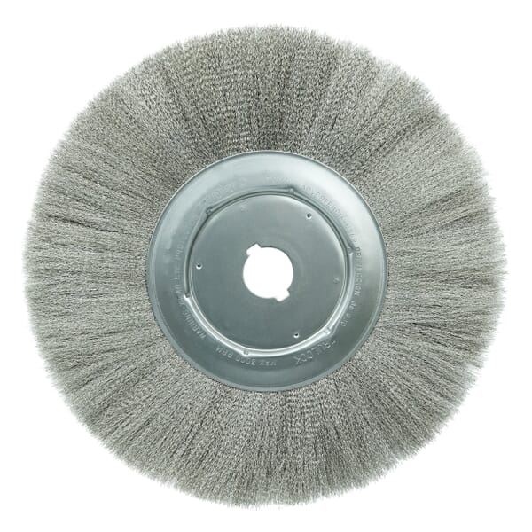 Weiler 01949 Narrow Face Wheel Brush, 12 in Dia Brush, 3/4 in W Face, 0.0104 in Dia Filament/Wire Crimped Filament/Wire, 1-1/4 in Arbor Hole