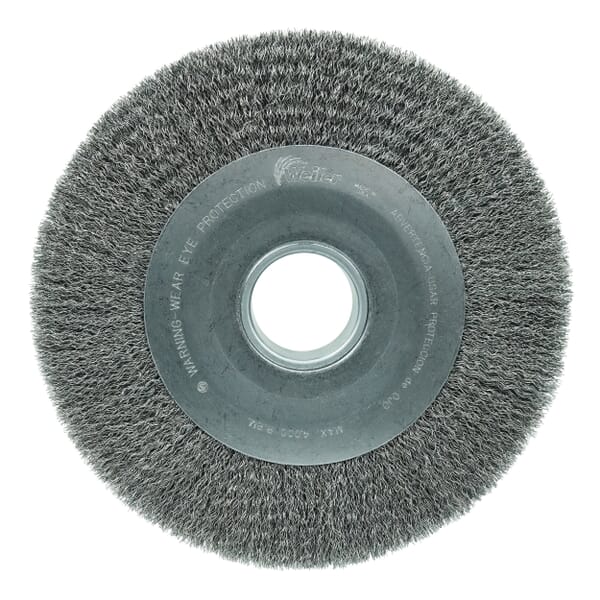 Weiler 03180 Wide Face Wheel Brush, 10 in Dia Brush, 2 in W Face, 0.0104 in Dia Filament/Wire Crimped Filament/Wire, 2 in Arbor Hole