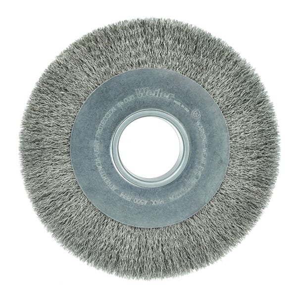 Weiler 03590 Wide Face Wheel Brush, 8 in Dia Brush, 1-1/2 in W Face, 0.0118 in Dia Crimped Filament/Wire, 2 in Arbor Hole