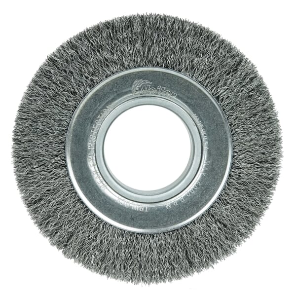 Weiler 06080 TLM-6 Medium Face Wheel Brush, 6 in Dia Brush, 1 in W Face, 0.014 in Dia Filament/Wire Crimped Filament/Wire, 2 in Arbor Hole