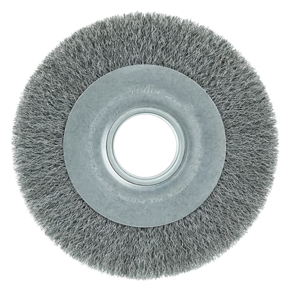 Weiler 06090 TLM-8 Medium Face Wheel Brush, 8 in Dia Brush, 1 in W Face, 0.006 in Dia Filament/Wire Crimped Filament/Wire, 2 in Arbor Hole