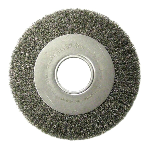 Weiler 06120 TLM-8 Medium Face Wheel Brush, 8 in Dia Brush, 1 in W Face, 0.014 in Dia Filament/Wire Crimped Filament/Wire, 2 in Arbor Hole