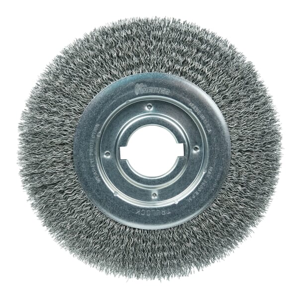 Weiler 06170 TLM-10 Medium Face Wheel Brush, 10 in Dia Brush, 1-1/8 in W Face, 0.02 in Dia Filament/Wire Crimped Filament/Wire, 2 in Arbor Hole