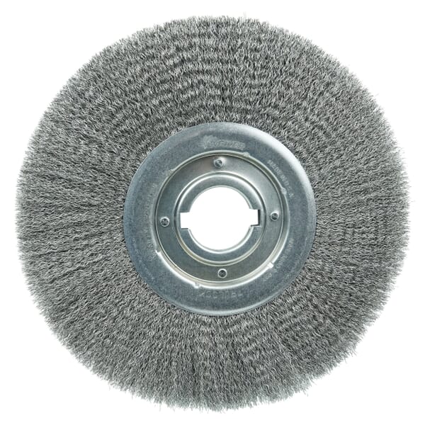 Weiler 06190 Medium Face Wheel Brush, 12 in Dia Brush, 1-1/4 in W Face, 0.014 in Dia Filament/Wire Crimped Filament/Wire, 2 in Arbor Hole