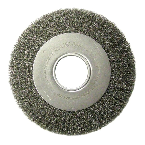 Weiler 06490 Medium Face Wheel Brush, 8 in Dia Brush, 1 in W Face, 0.0118 in Dia Filament/Wire Crimped Filament/Wire, 2 in Arbor Hole