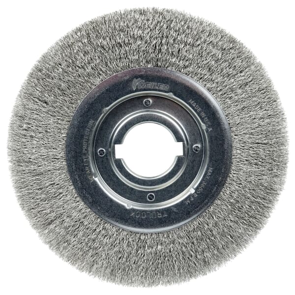 Weiler 06530 TLM-10 Medium Face Wheel Brush, 10 in Dia Brush, 1-1/8 in W Face, 0.0118 in Dia Filament/Wire Crimped Filament/Wire, 2 in Arbor Hole