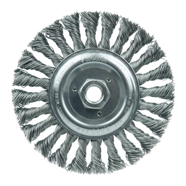 Weiler 08106 Wheel Brush, 6 in Dia Brush, 1/2 in W Face, 0.023 in Dia Filament/Wire Standard/Twist Knot Filament/Wire, 5/8-11 Arbor Hole