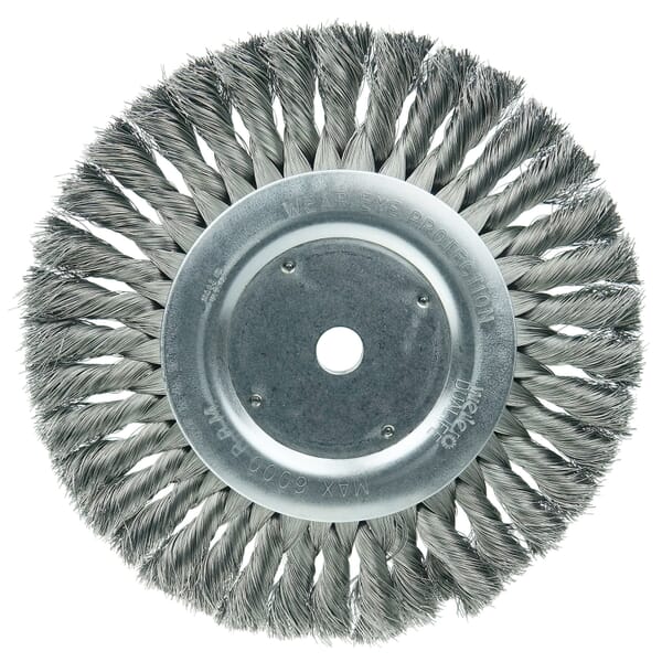Weiler 08135 Wheel Brush, 8 in Dia Brush, 5/8 in W Face, 0.014 in Dia Filament/Wire Standard/Twist Knot Filament/Wire, 5/8 in Arbor Hole