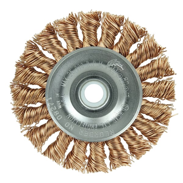 Weiler 08271 ST-3 Non-Sparking Wheel Brush, 3 in Dia Brush, 3/8 in W Face, 0.02 in Dia Filament/Wire Standard/Twist Knot Filament/Wire, 1/2 to 3/8 in Arbor Hole