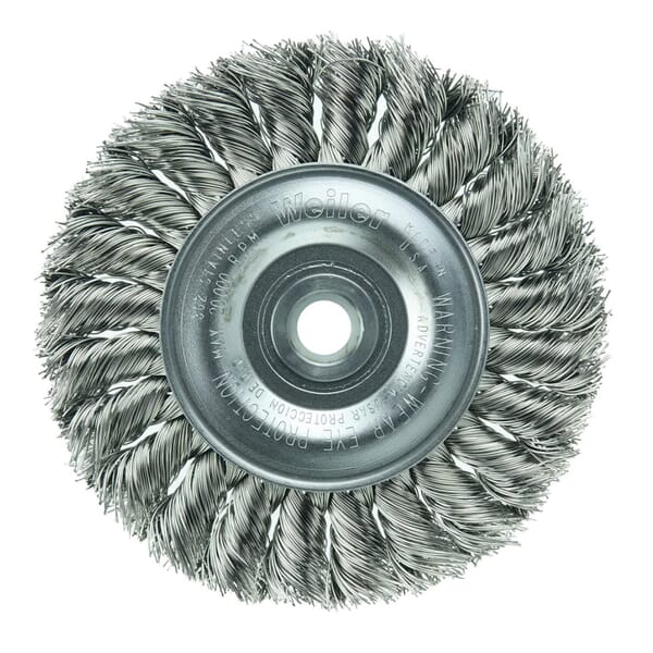 Weiler 08314 Wheel Brush, 4 in Dia Brush, 1/2 in W Face, 0.02 in Dia Filament/Wire Standard/Twist Knot Filament/Wire, 1/2 to 3/8 in Arbor Hole