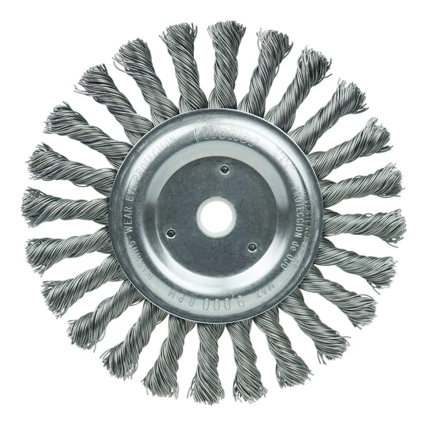 Weiler 08565 Wheel Brush, 6 in Dia Brush, 3/8 in W Face, 0.023 in Dia Filament/Wire Cable Twist Knot Filament/Wire, 1/2 to 5/8 in Arbor Hole