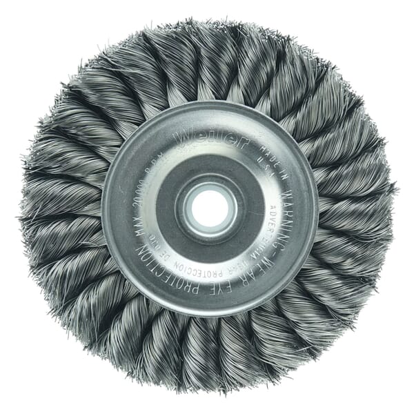 Weiler 09134 2-Section Wheel Brush, 4 in Dia Brush, 3/4 in W Face, 0.0118 in Dia Filament/Wire Standard/Twist Knot Filament/Wire, 1/2 to 3/8 in Arbor Hole