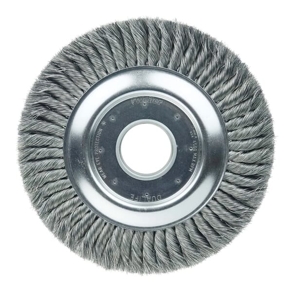 Weiler 09460 2-Section Wheel Brush, 10 in Dia Brush, 1-1/4 in W Face, 0.0118 in Dia Filament/Wire Standard/Twist Knot Filament/Wire, 2 in Arbor Hole