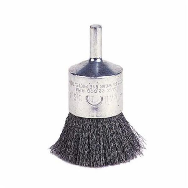 Weiler 10022 Stem Mount End Brush, 1 in Dia Brush, Crimped, 0.0104 in Dia Filament/Wire, Stainless Steel Fill, 1 in L Trim