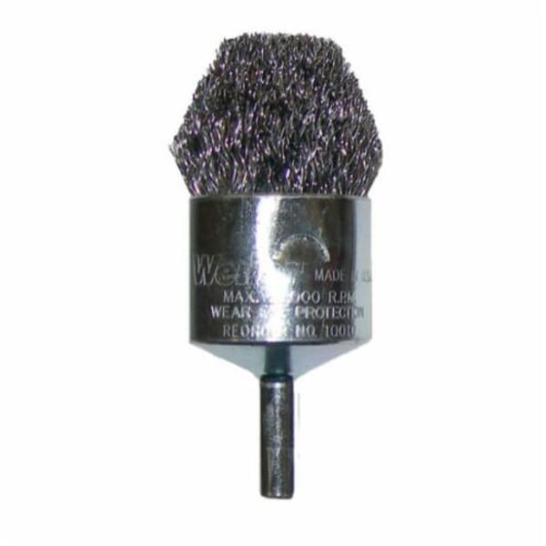 Weiler 10322 Controlled Flare Stem Mount End Brush, 1 in Dia Brush, Crimped, 0.014 in Dia Filament/Wire, Stainless Steel Fill, 1 in L Trim
