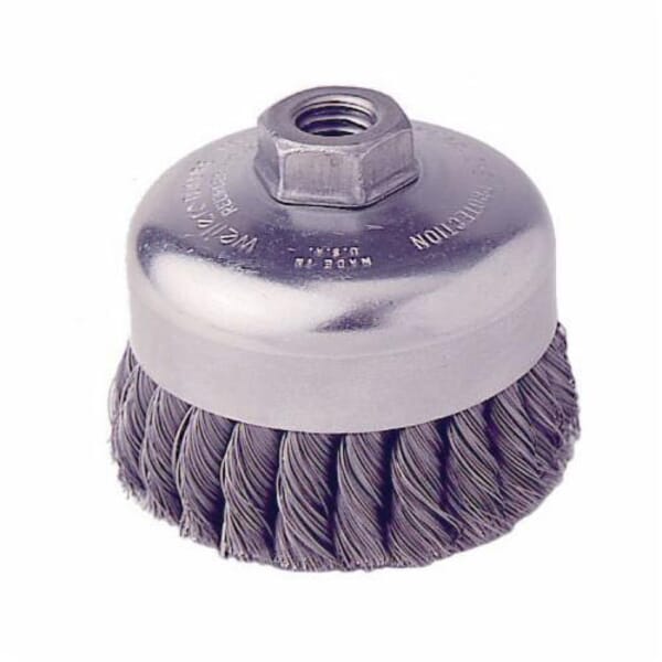 Weiler 12206 Internal Nut Single Row Cup Brush, 4 in Dia Brush, 5/8-11 UNC Arbor Hole, 0.023 in Dia Filament/Wire, Cable Twist Knot, Steel Fill