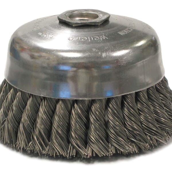 Weiler 12276 Internal Nut Single Row Cup Brush, 5 in Dia Brush, 5/8-11 UNC Arbor Hole, 0.023 in Dia Filament/Wire, Standard/Twist Knot, Steel Fill