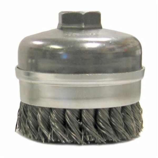 Weiler 12301 Banded Extra Single Row Heavy Duty Cup Brush, 4 in Dia Brush, 5/8-11 UNC Arbor Hole, 0.023 in Dia Filament/Wire, Standard/Twist Knot, Steel Fill