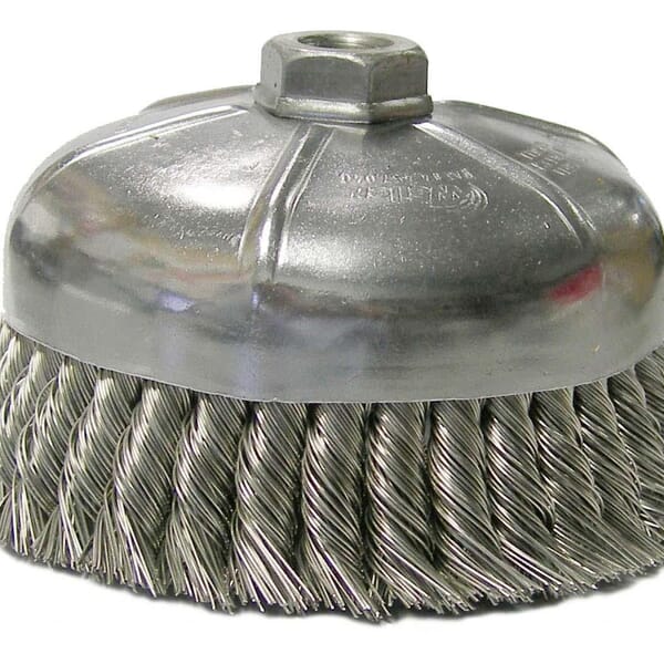 Weiler 12476 Single Row Cup Brush, 6 in Dia Brush, 5/8-11 UNC Arbor Hole, 0.023 in Dia Filament/Wire, Standard/Twist Knot, Stainless Steel Fill