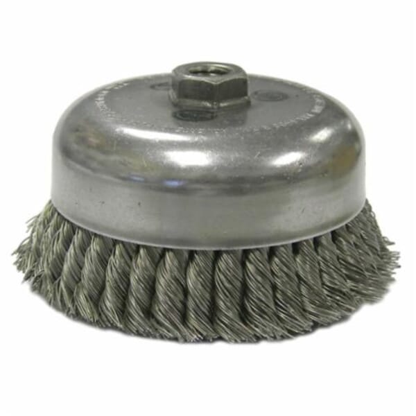 Weiler 12536 Double Row Heavy Duty Cup Brush, 6 in Dia Brush, 5/8-11 UNC Arbor Hole, 0.014 in Dia Filament/Wire, Standard/Twist Knot, Steel Fill
