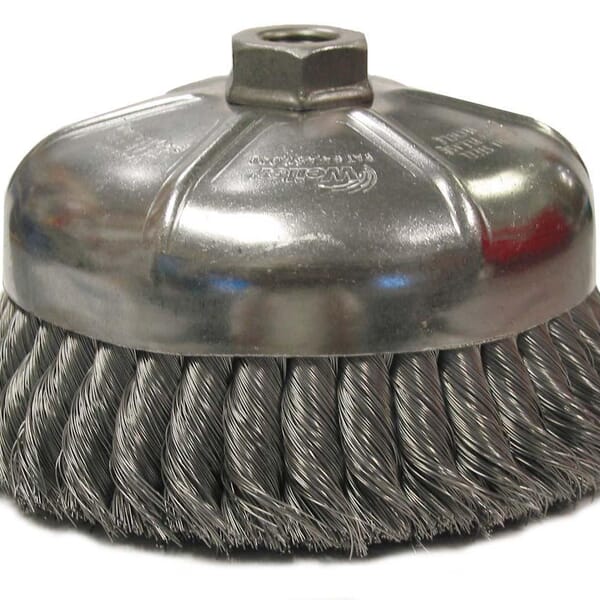 Weiler 12856 Single Row Cup Brush, 6 in Dia Brush, 5/8-11 UNC Arbor Hole, 0.023 in Dia Filament/Wire, Standard/Twist Knot, Steel Fill