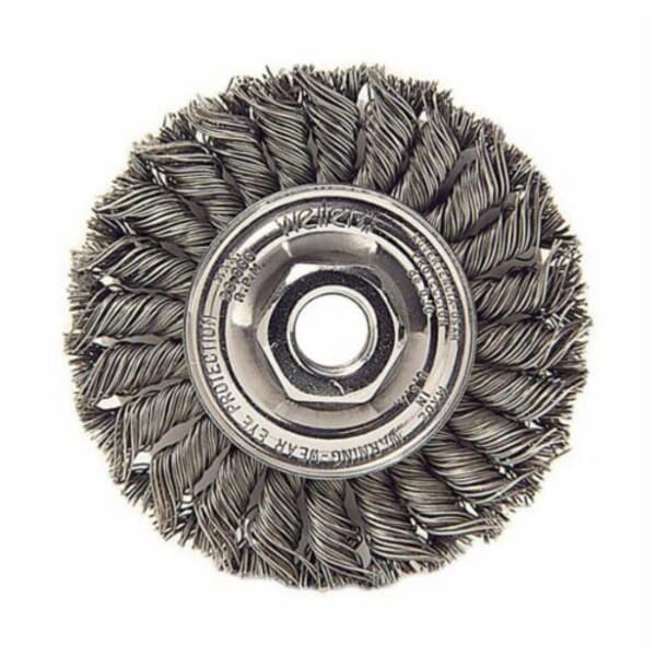 Weiler 13106 Wheel Brush With Nut, 4 in Dia Brush, 1/2 in W Face, 0.014 in Dia Standard/Twist Knot Filament/Wire, 5/8-11 Arbor Hole