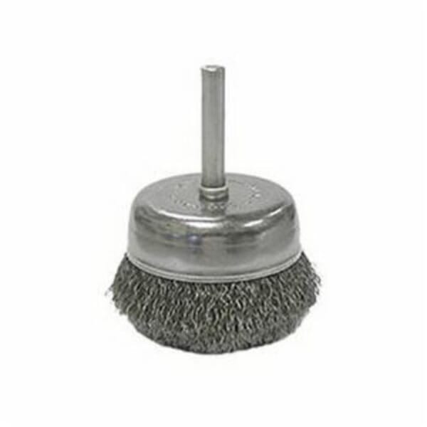Weiler 14319 Stem Mounted Utility Cup Brush, 2 in Dia Brush, 0.0118 in Dia Filament/Wire, Crimped, Stainless Steel Fill