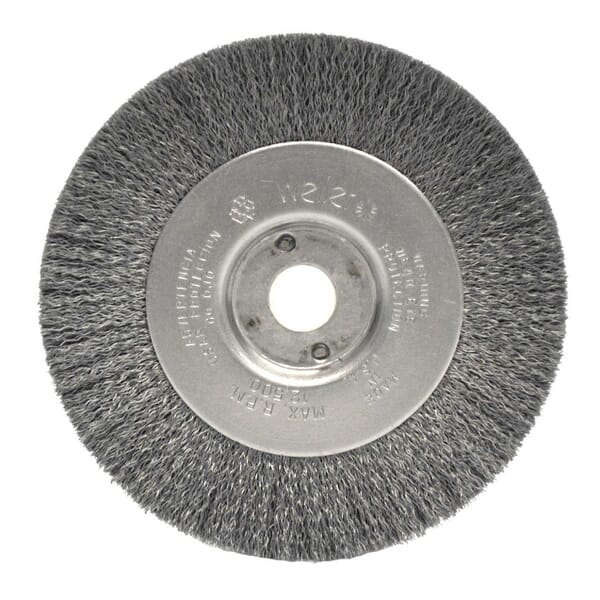 Weiler 00144 TLN-4 Narrow Face Wheel Brush, 4 in Dia Brush, 1/2 in W Face, 0.014 in Dia Filament/Wire Crimped Filament/Wire, 3/8 to 1/2 in Arbor Hole