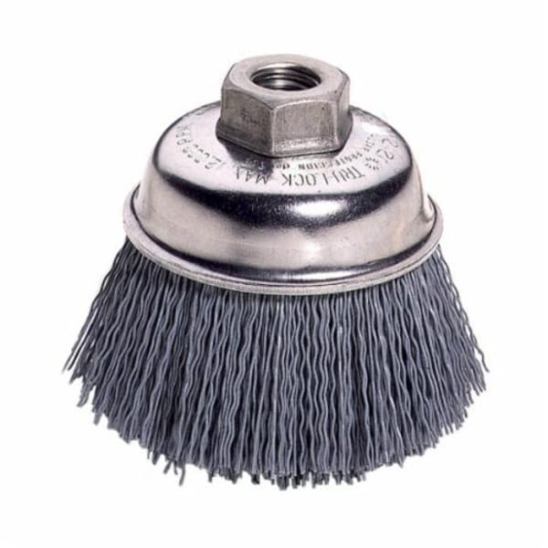 Nylox 14414 Cup Brush, 3-1/2 in Dia Brush, 5/8-11 UNC Arbor Hole, 0.04 in Dia Filament/Wire, Crimped, Silicon Carbide Fill