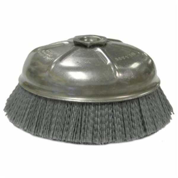 Nylox 14516 Internal Nut Cup Brush, 6 in Dia Brush, 5/8-11 UNC Arbor Hole, 0.04 in Dia Filament/Wire, Crimped, Silicon Carbide Fill