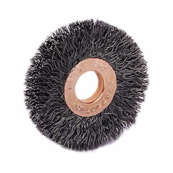 Weiler 15433 Small Diameter Wheel Brush, 2 in Dia Brush, 3/8 in W Face, 0.006 in Dia Crimped Filament/Wire, 1/2 in Arbor Hole