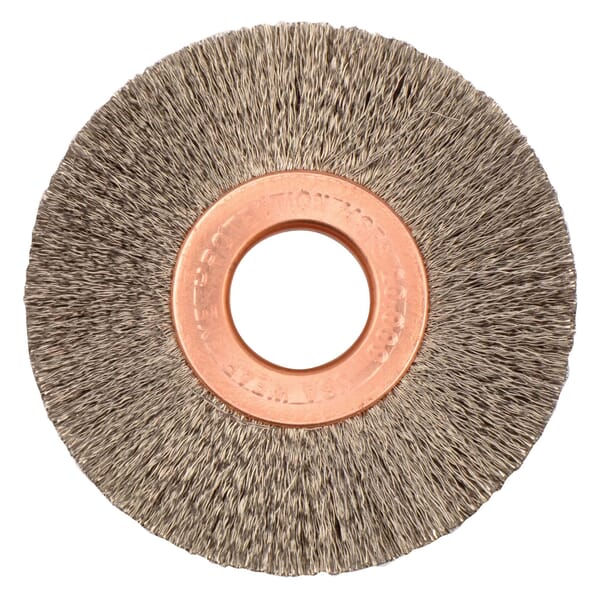 Weiler 15443 Small Diameter Wheel Brush, 2 in Dia Brush, 3/8 in W Face, 0.008 in Dia Crimped Filament/Wire, 1/2 in Arbor Hole